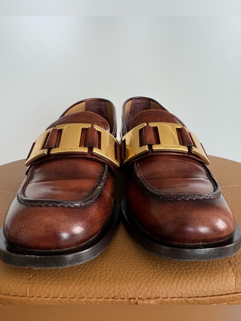 Prada Brown Leather Loafers with Gold Buckle - Picture 6 of 11